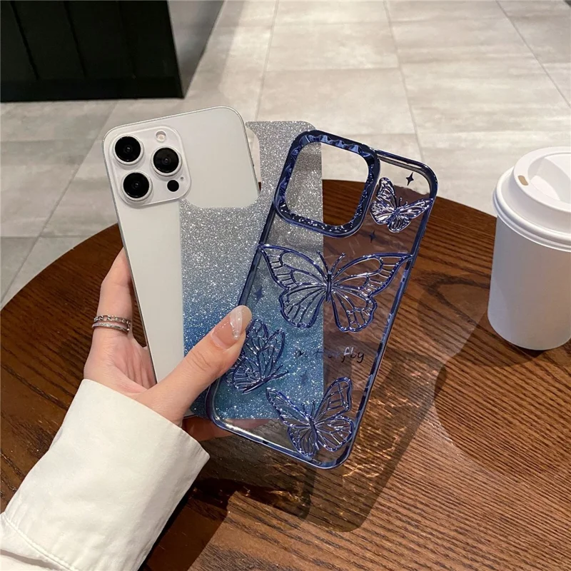 Für Iphone 16 Pro Case 3D Butterfly TPU -telefonabdeckung Mit Gradientenglitterpapier - Blau