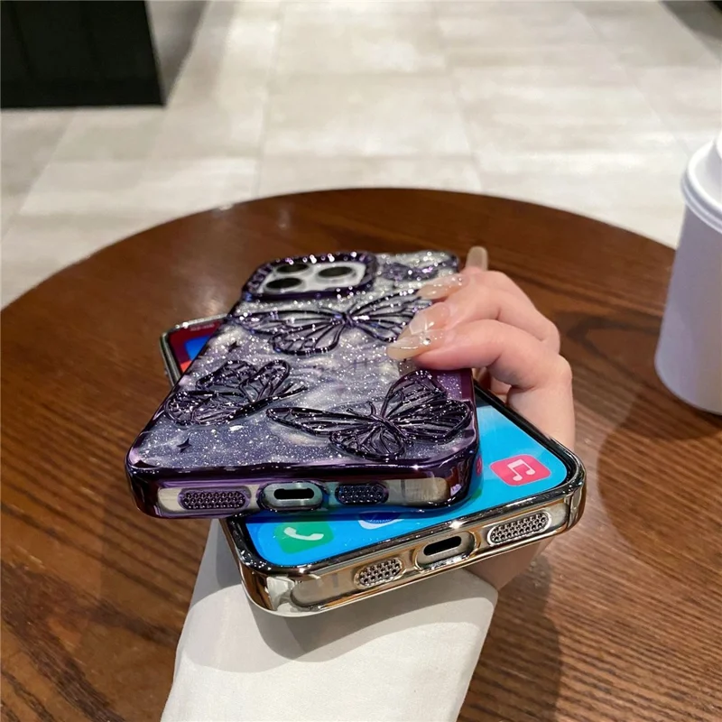 Für Iphone 16 Pro Case 3D Butterfly TPU -telefonabdeckung Mit Gradientenglitterpapier - Blau