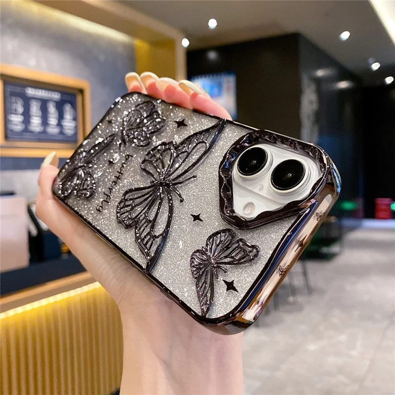 For iPhone 16 Plus Case 3D Butterfly TPU Phone Cover with Gradient Glitter Paper - Black