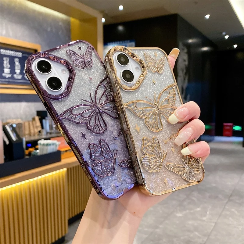 For iPhone 16 Plus Case 3D Butterfly TPU Phone Cover with Gradient Glitter Paper - Black