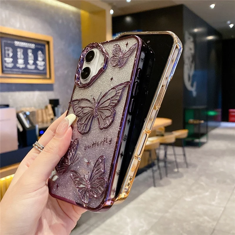 For iPhone 16 Plus Case 3D Butterfly TPU Phone Cover with Gradient Glitter Paper - Black