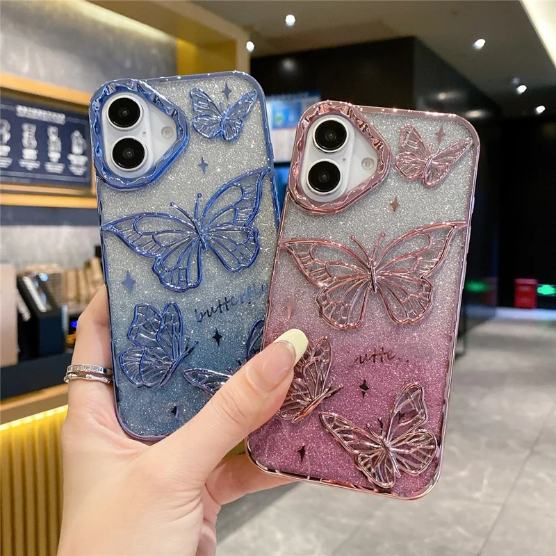 For iPhone 16 Plus Case 3D Butterfly TPU Phone Cover with Gradient Glitter Paper - Black