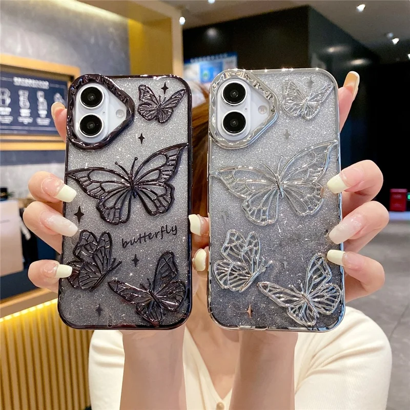 For iPhone 16 Plus Case 3D Butterfly TPU Phone Cover with Gradient Glitter Paper - Black