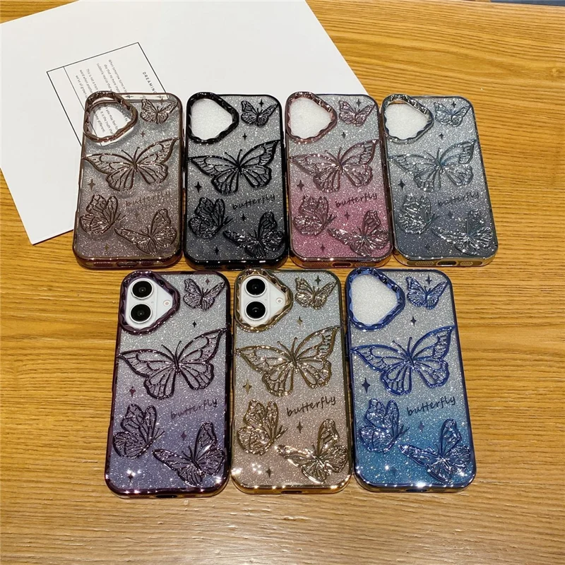 For iPhone 16 Plus Case 3D Butterfly TPU Phone Cover with Gradient Glitter Paper - Black
