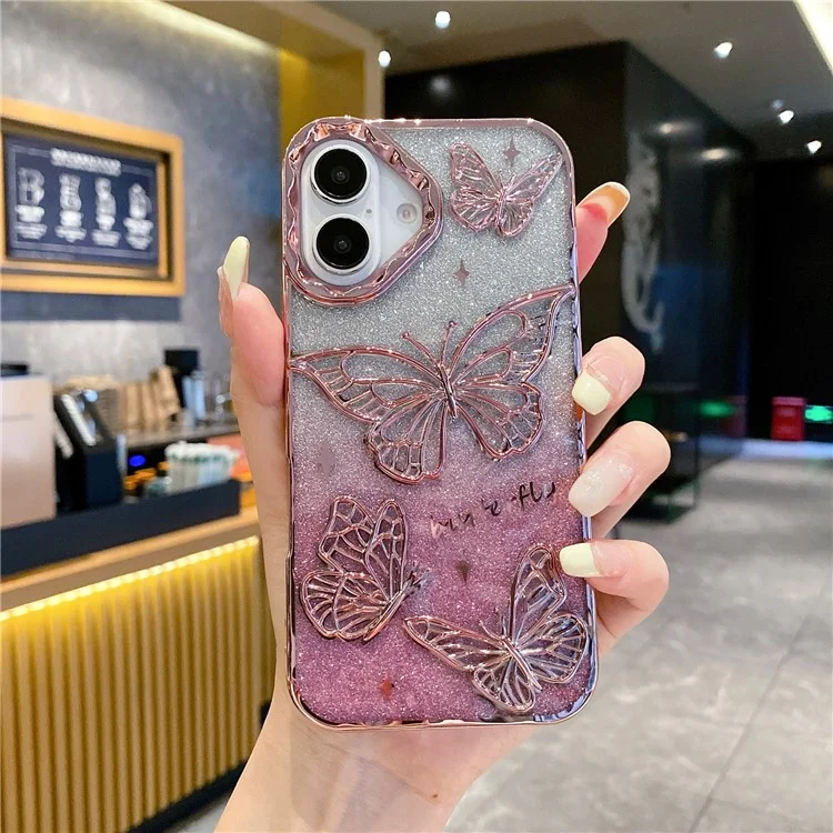 For iPhone 16 Plus Case 3D Butterfly TPU Phone Cover with Gradient Glitter Paper - Pink