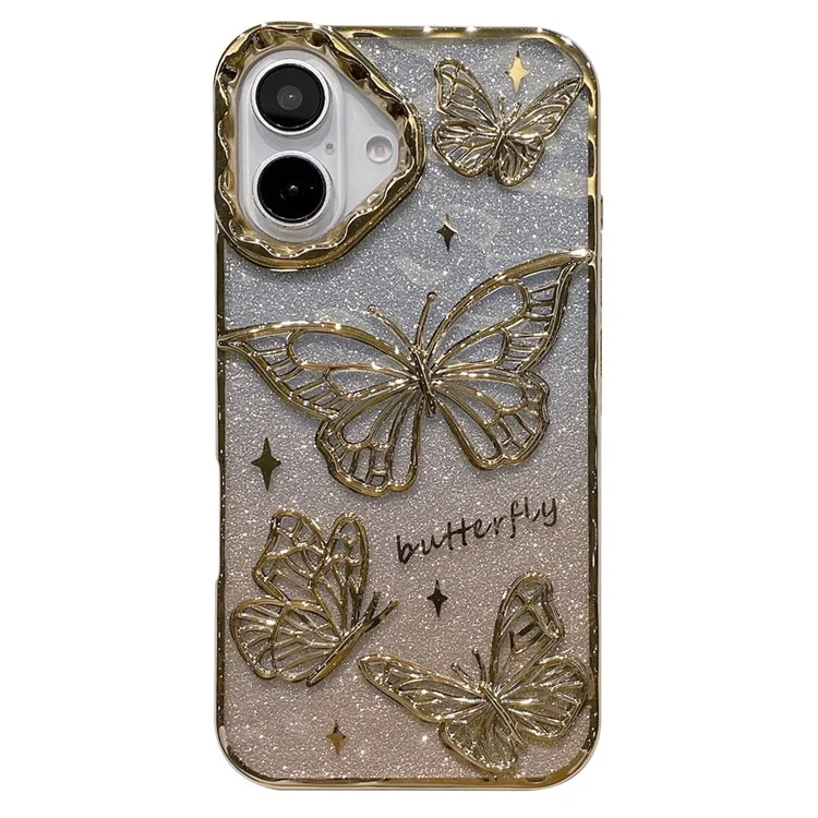 Funda para iPhone 16 Caso 3D Mariposa TPU Cubierta de teléfono con Gradiente Brillo Papel - Dorado