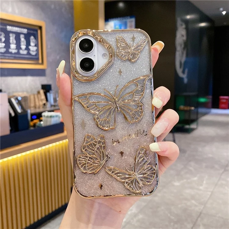 Funda para iPhone 16 Caso 3D Mariposa TPU Cubierta de teléfono con Gradiente Brillo Papel - Dorado