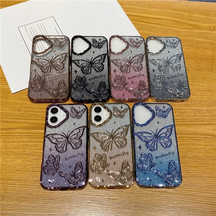 Funda para iPhone 16 Caso 3D Mariposa TPU Cubierta de teléfono con Gradiente Brillo Papel - Dorado