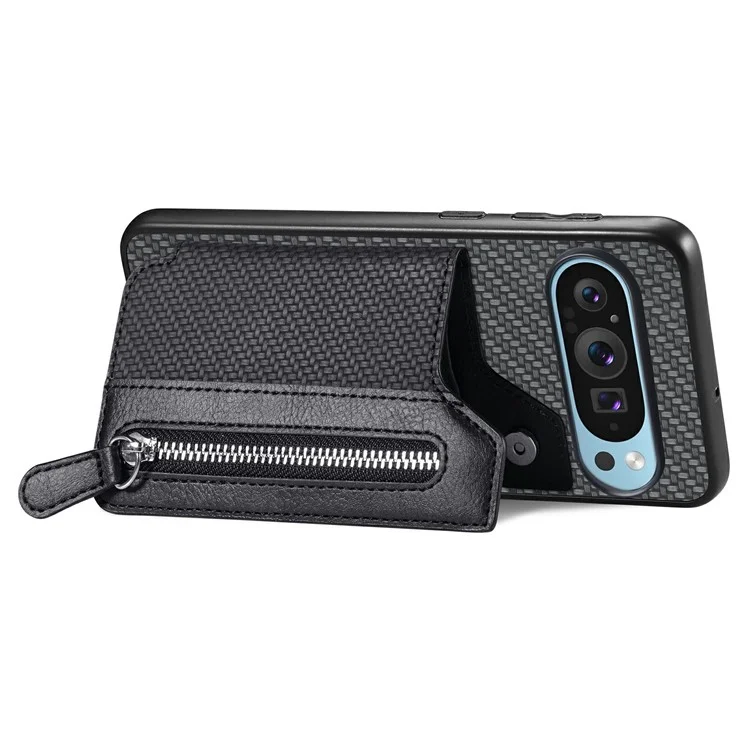 Para Google Pixel 9 Pro XL Case Leather+PC+TPU Zipe Billetera Telera Varera Trasera - Negro
