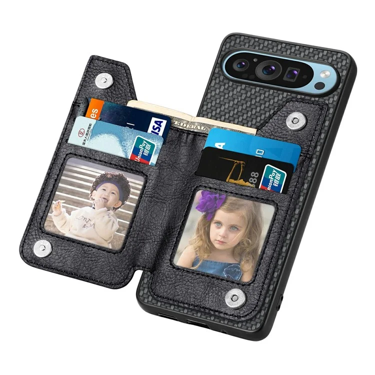 Para Google Pixel 9 Pro XL Case Leather+PC+TPU Zipe Billetera Telera Varera Trasera - Negro