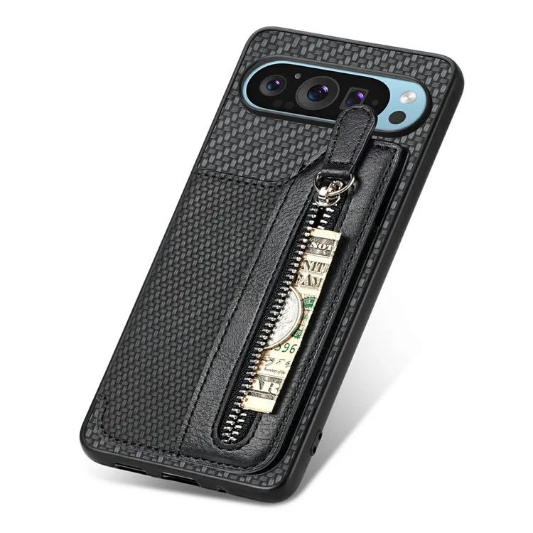 Para Google Pixel 9 Pro XL Case Leather+PC+TPU Zipe Billetera Telera Varera Trasera - Negro