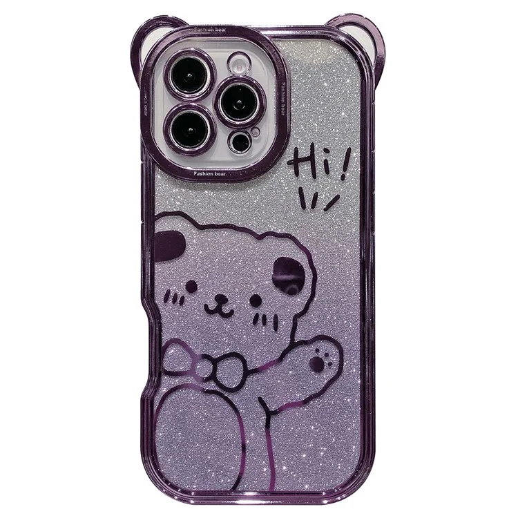 For iPhone 16 Pro Max Case Cute Bear Electroplating TPU Phone Cover with Gradient Glitter Paper - Purple