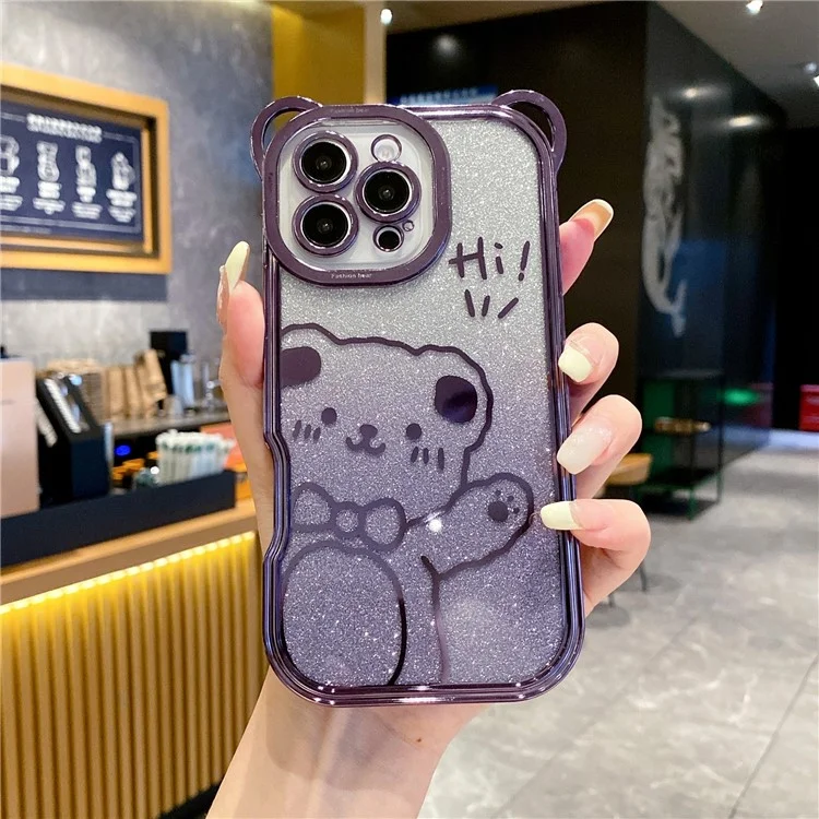 For iPhone 16 Pro Max Case Cute Bear Electroplating TPU Phone Cover with Gradient Glitter Paper - Purple