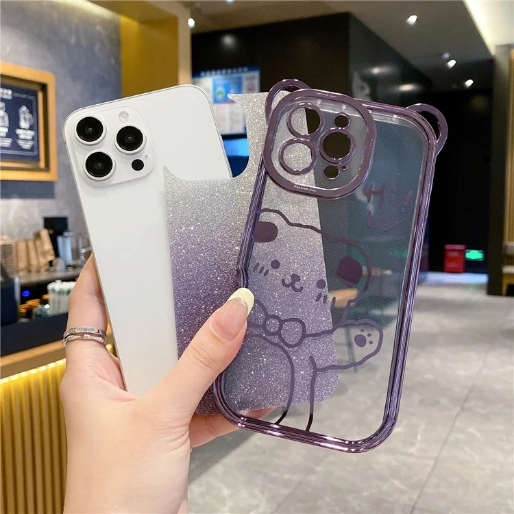 For iPhone 16 Pro Max Case Cute Bear Electroplating TPU Phone Cover with Gradient Glitter Paper - Purple