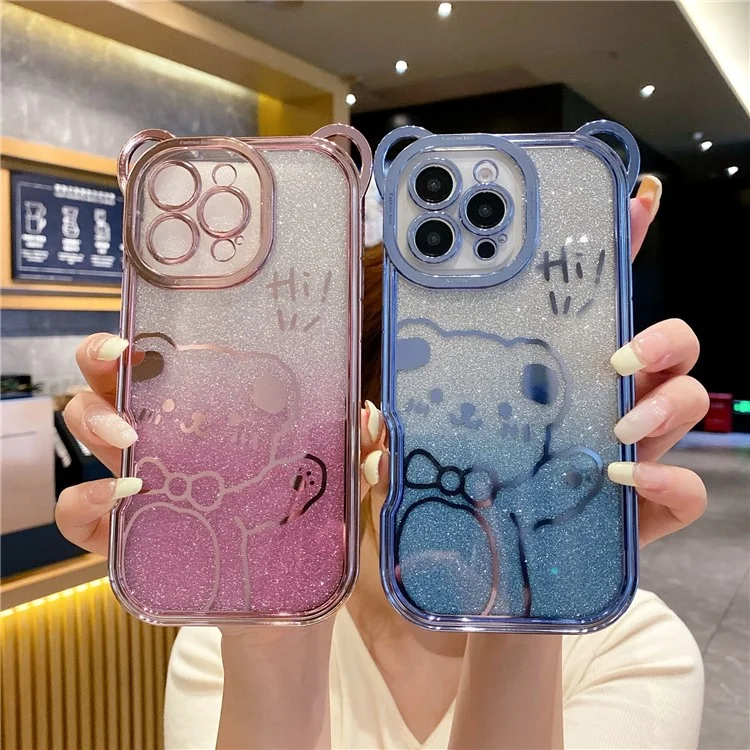 For iPhone 16 Pro Max Case Cute Bear Electroplating TPU Phone Cover with Gradient Glitter Paper - Purple