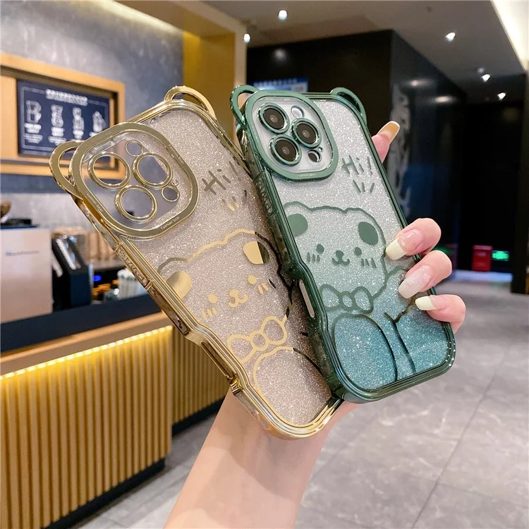 For iPhone 16 Pro Max Case Cute Bear Electroplating TPU Phone Cover with Gradient Glitter Paper - Purple