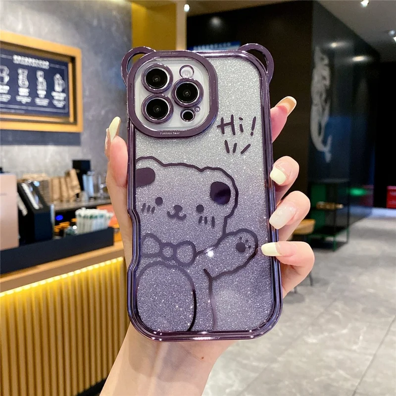 For iPhone 16 Pro Case Cute Bear Electroplating TPU Phone Cover with Gradient Glitter Paper - Purple