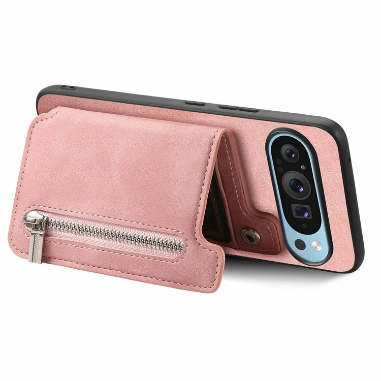 Для Google Pixel 9 Pro XL Case Magnetic Съемный Держатель Карты на Молнии Кожа+телефона Tpu - Розовый