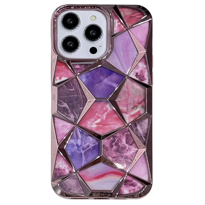 For iPhone 16 Pro Max Case Electroplating Rhombus Design TPU Phone Cover with Marble Pattern Paper - Pink