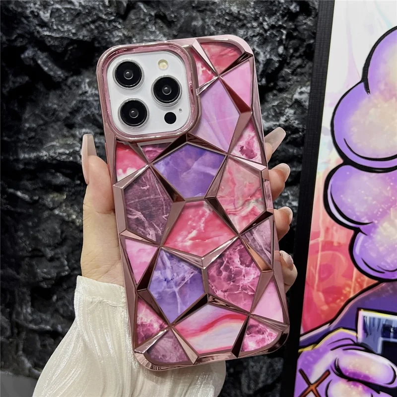 For iPhone 16 Pro Max Case Electroplating Rhombus Design TPU Phone Cover with Marble Pattern Paper - Pink