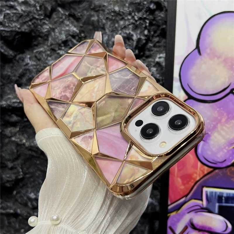 For iPhone 16 Pro Max Case Electroplating Rhombus Design TPU Phone Cover with Marble Pattern Paper - Pink