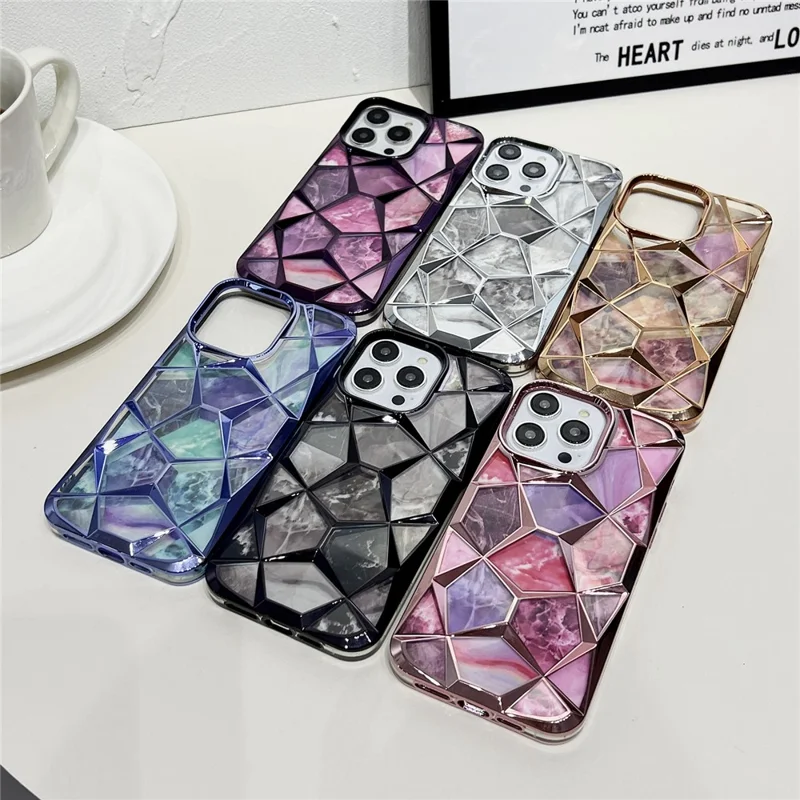 For iPhone 16 Pro Max Case Electroplating Rhombus Design TPU Phone Cover with Marble Pattern Paper - Pink
