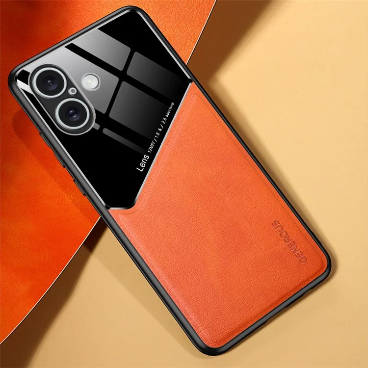 For iPhone 16 Case Leather Coated PC+TPU Phone Back Cover - Orange