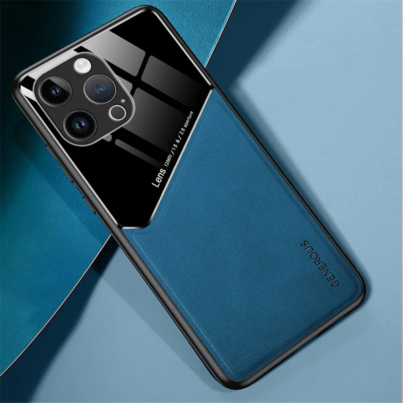 For iPhone 16 Pro Case Leather Coated PC+TPU Phone Back Cover - Blue