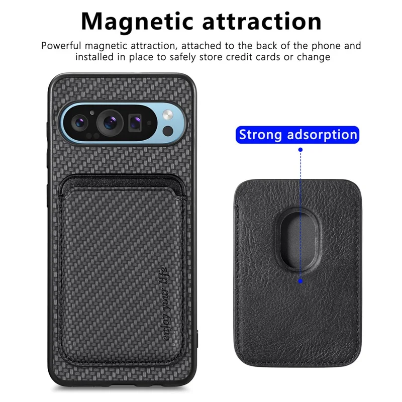 Para Google Pixel 9 Pro XL Case Fiber Fiber Fiber Cuero Trasero Con Bolsa de Tarjeta Desmontable - Negro