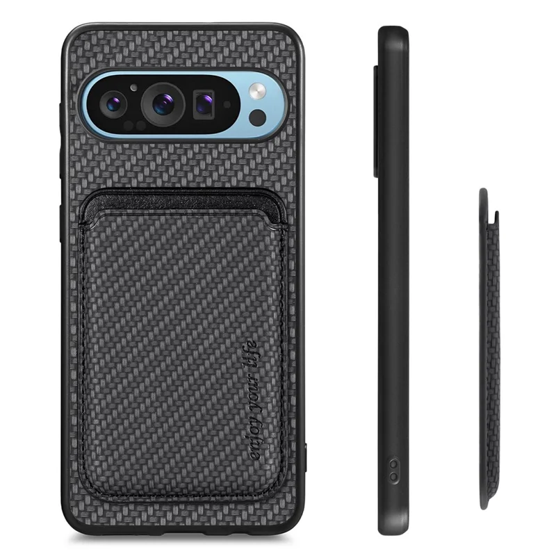 Para Google Pixel 9 Pro XL Case Fiber Fiber Fiber Cuero Trasero Con Bolsa de Tarjeta Desmontable - Negro