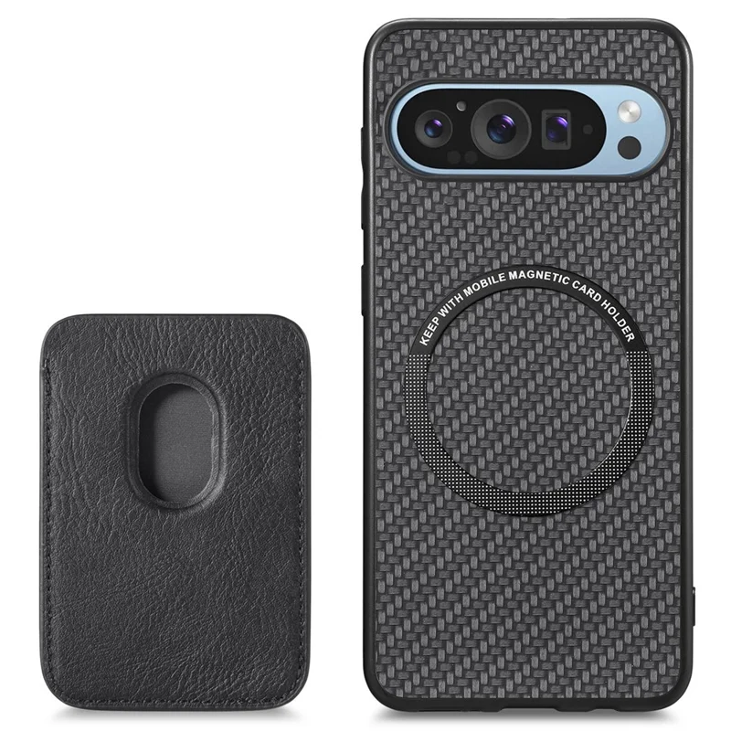Para Google Pixel 9 Pro XL Case Fiber Fiber Fiber Cuero Trasero Con Bolsa de Tarjeta Desmontable - Negro