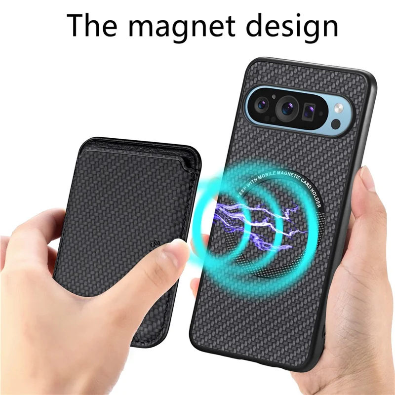 Para Google Pixel 9 Pro XL Case Fiber Fiber Fiber Cuero Trasero Con Bolsa de Tarjeta Desmontable - Negro