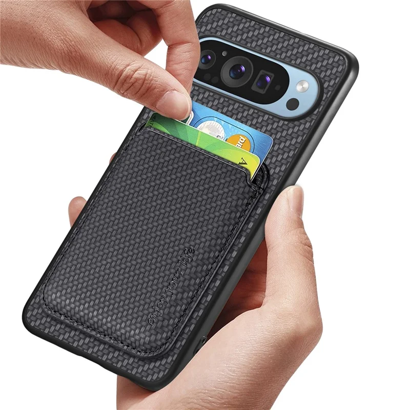Para Google Pixel 9 Pro XL Case Fiber Fiber Fiber Cuero Trasero Con Bolsa de Tarjeta Desmontable - Negro
