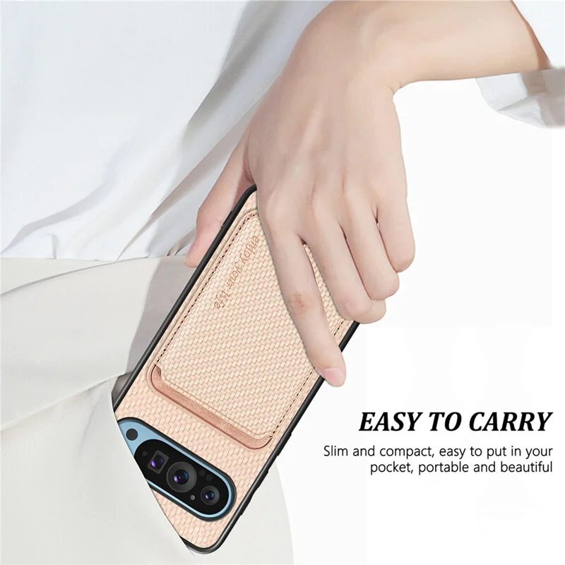Para Google Pixel 9 Pro XL Case Fiber Fiber Fiber Cuero Trasero Con Bolsa de Tarjeta Desmontable - Negro