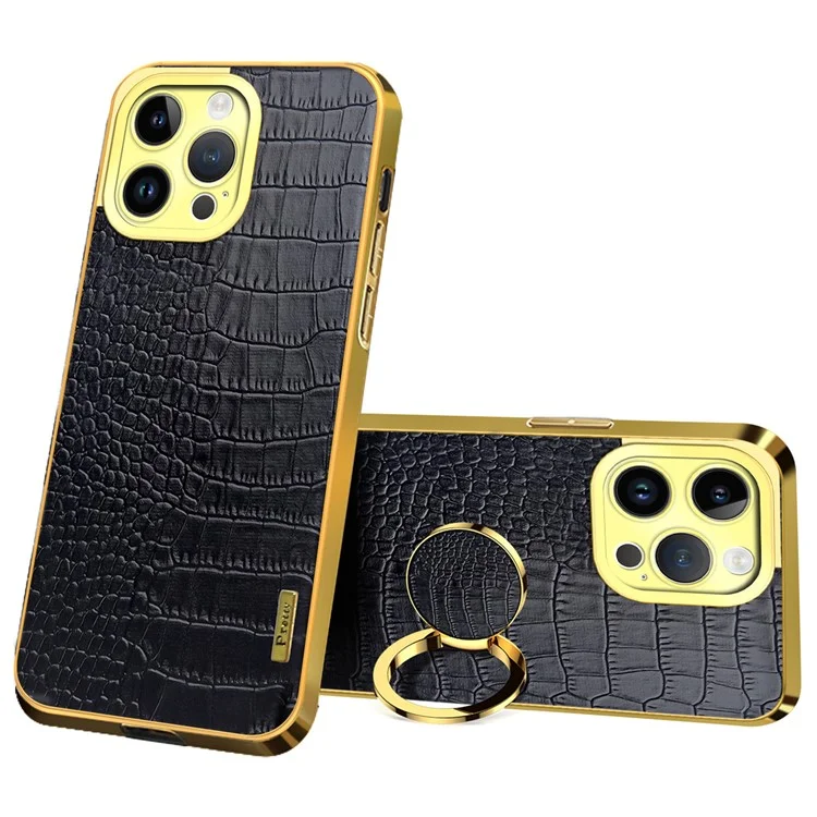 Para Iphone 16 Pro Case Crocodile Textura Anillo Kickstand Tpu+cubierta Del Teléfono - Negro