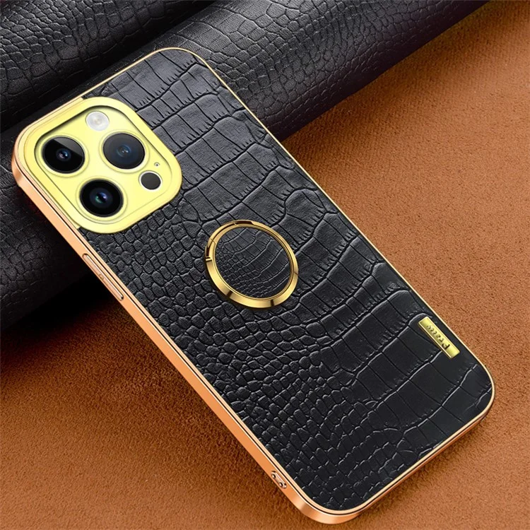 Para Iphone 16 Pro Case Crocodile Textura Anillo Kickstand Tpu+cubierta Del Teléfono - Negro