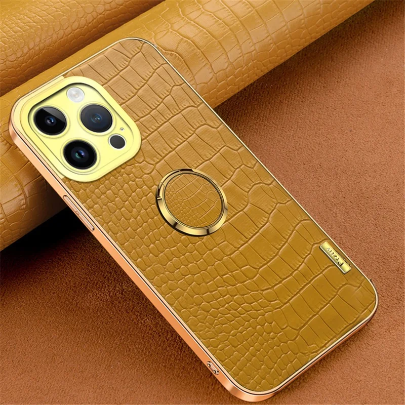 For iPhone 16 Pro Case Crocodile Texture Ring Kickstand TPU+Leather Electroplating Phone Cover - Yellow