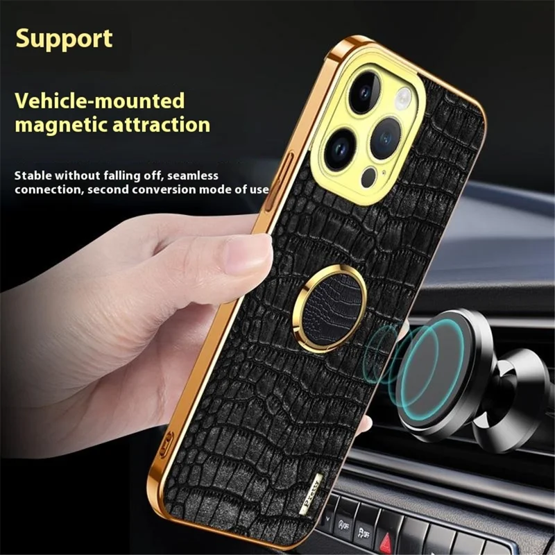 For iPhone 16 Pro Case Crocodile Texture Ring Kickstand TPU+Leather Electroplating Phone Cover - Yellow