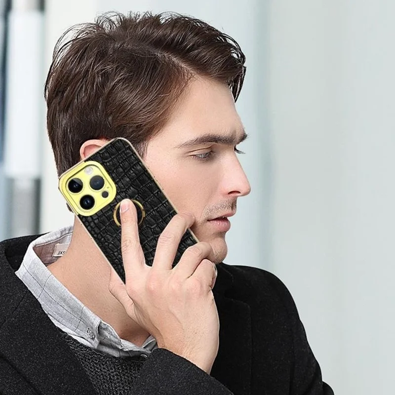 For iPhone 16 Pro Case Crocodile Texture Ring Kickstand TPU+Leather Electroplating Phone Cover - Yellow