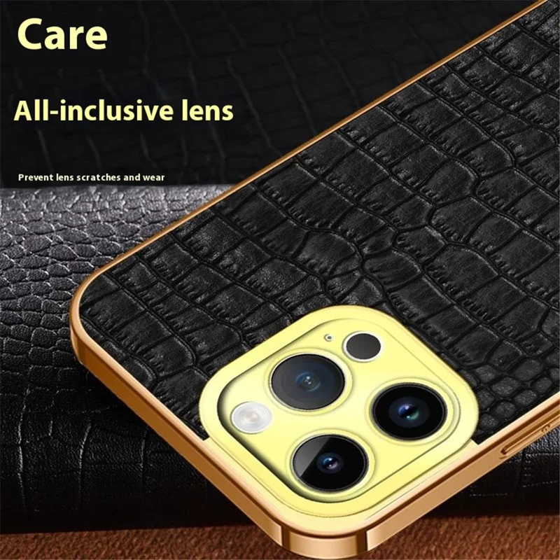 For iPhone 16 Pro Case Crocodile Texture Ring Kickstand TPU+Leather Electroplating Phone Cover - Yellow