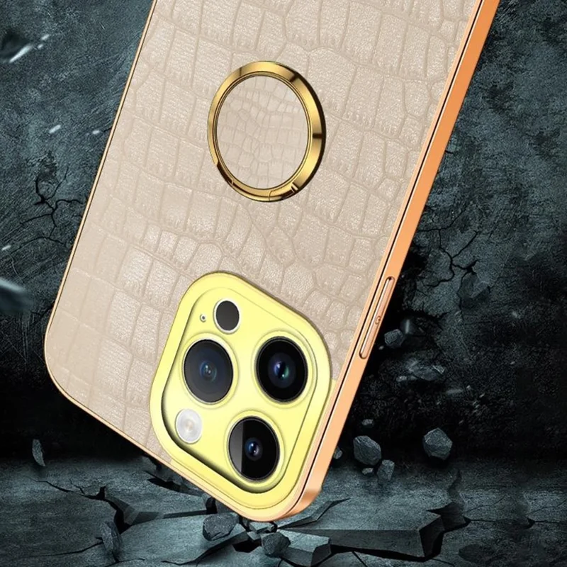 For iPhone 16 Pro Case Crocodile Texture Ring Kickstand TPU+Leather Electroplating Phone Cover - Yellow