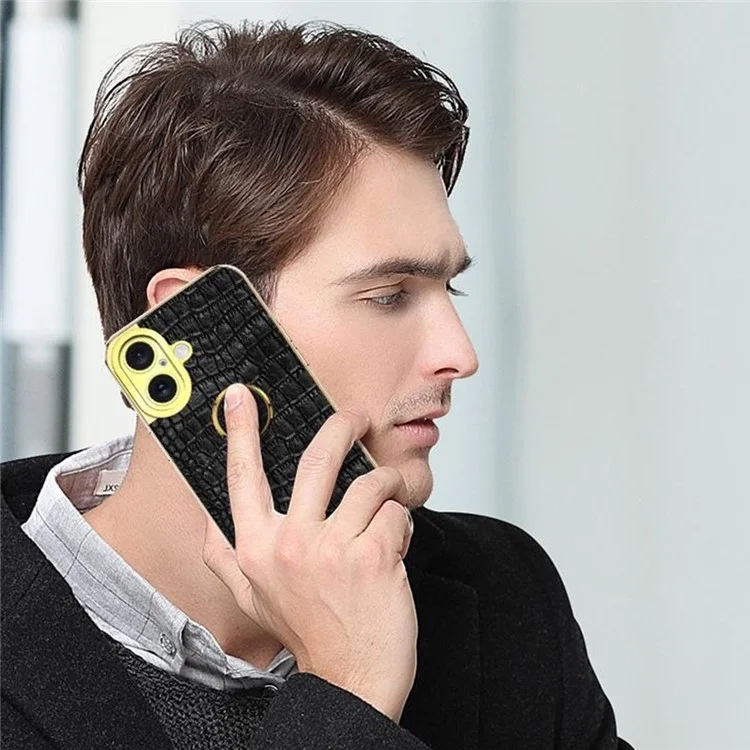 Para Iphone 16 Plus Case Crocodile Texture Ring Kickstand Tpu+cubierta Del Teléfono de Electraplación - Negro
