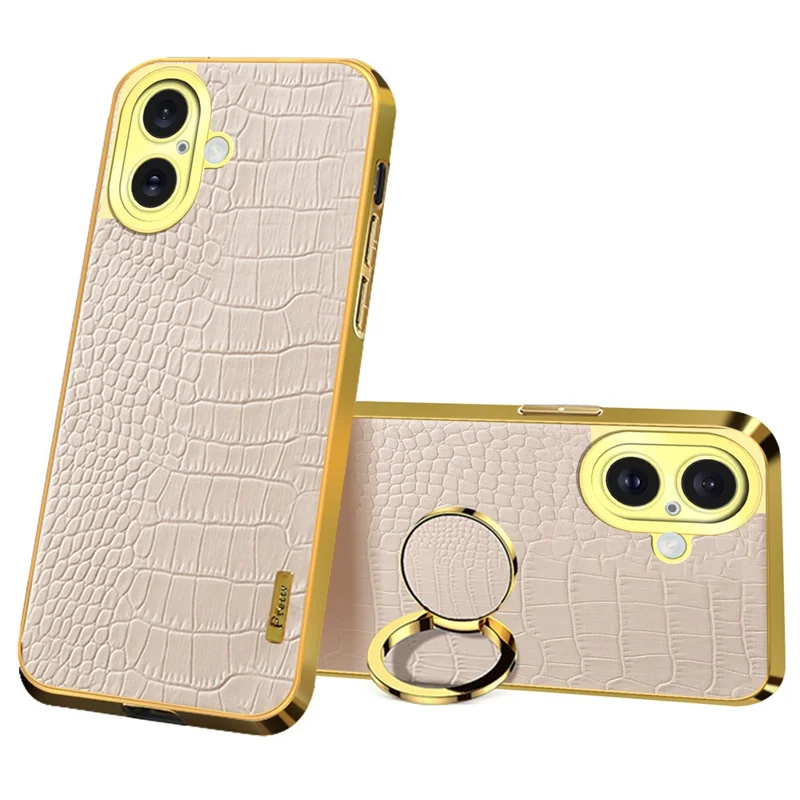 For iPhone 16 Case Crocodile Texture Ring Kickstand TPU+Leather Electroplating Phone Cover - White