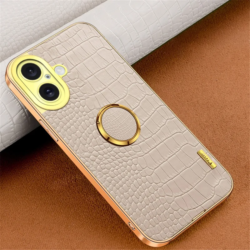 For iPhone 16 Case Crocodile Texture Ring Kickstand TPU+Leather Electroplating Phone Cover - White