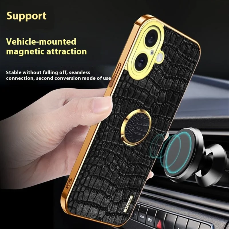 For iPhone 16 Case Crocodile Texture Ring Kickstand TPU+Leather Electroplating Phone Cover - White