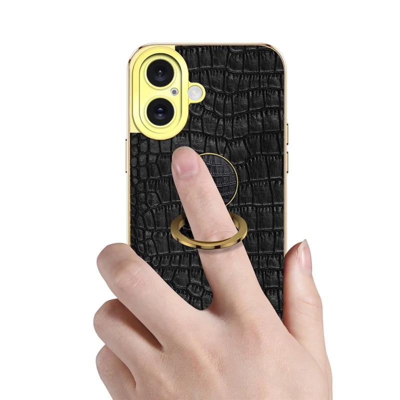 For iPhone 16 Case Crocodile Texture Ring Kickstand TPU+Leather Electroplating Phone Cover - White