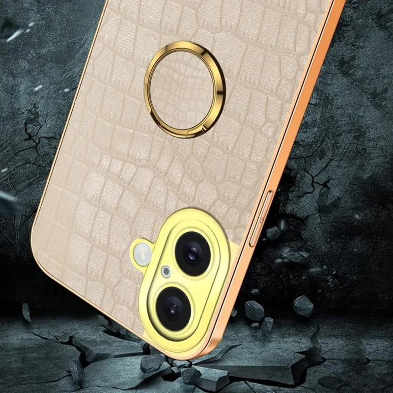 For iPhone 16 Case Crocodile Texture Ring Kickstand TPU+Leather Electroplating Phone Cover - White