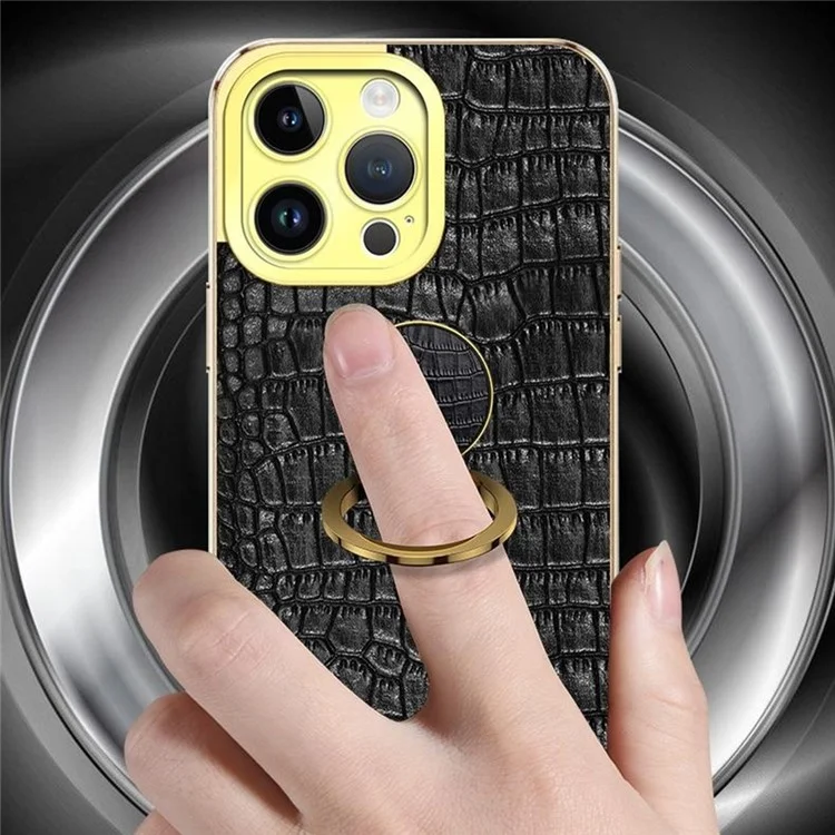 For iPhone 16 Pro Max Case Crocodile Texture Ring Kickstand TPU+Leather Electroplating Phone Cover - Black