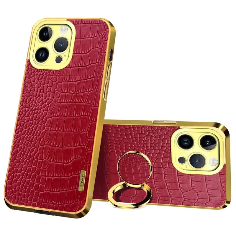 For iPhone 16 Pro Max Case Crocodile Texture Ring Kickstand TPU+Leather Electroplating Phone Cover - Red
