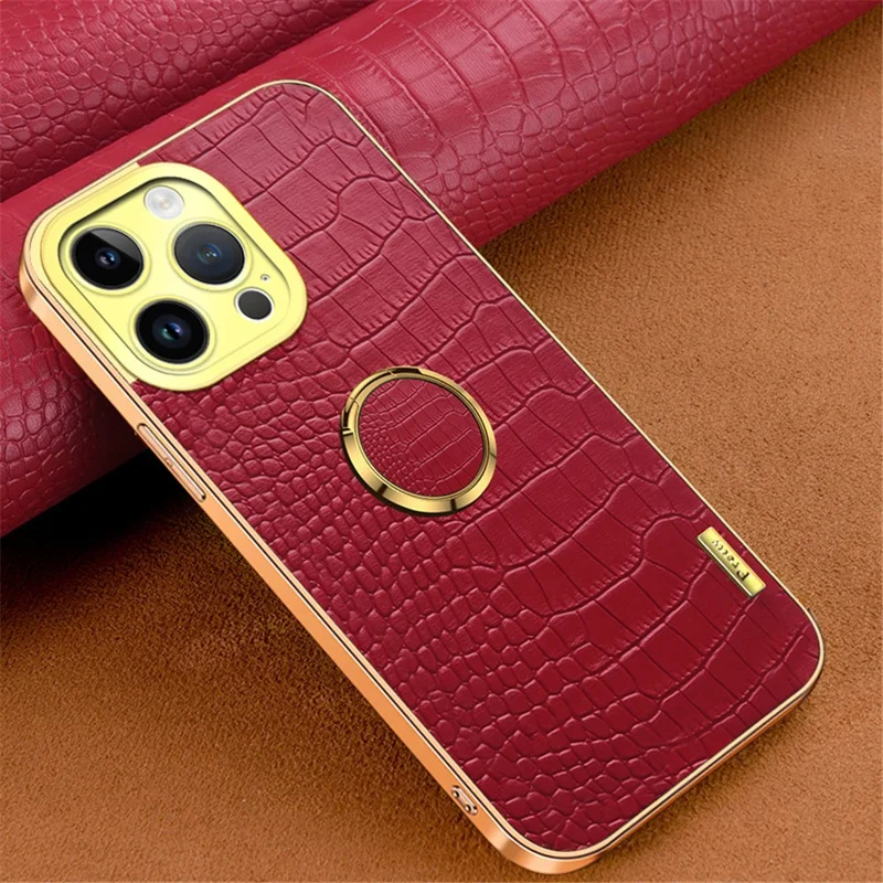 For iPhone 16 Pro Max Case Crocodile Texture Ring Kickstand TPU+Leather Electroplating Phone Cover - Red